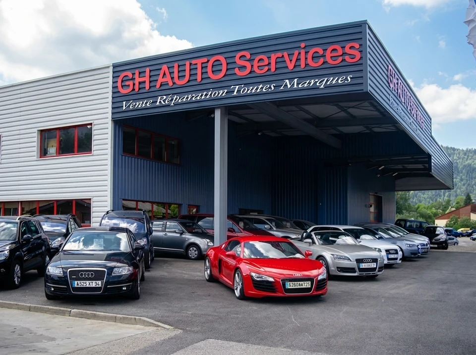 Garage automobile **GH AUTO Services** en extérieur, façade gris et bleu, enseigne rouge