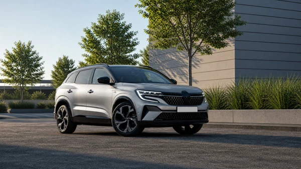 Véhicule automobile moderne blanc sur fond neutre, vue trois-quarts avant